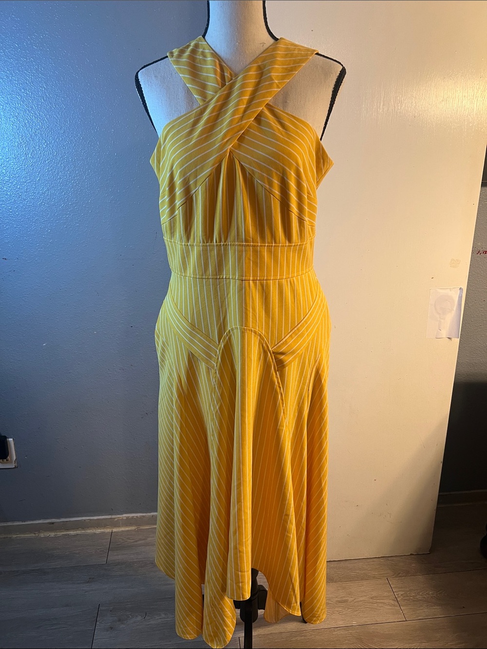 New York & Company Yellow Striped High-Low Midi Dress